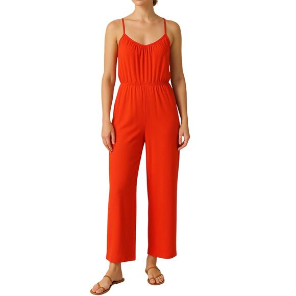 1980s Vintage Red Sleeveless Wide Leg Jumpsuit Playsuit Flared Leg Small Medium - Picture 1 of 3